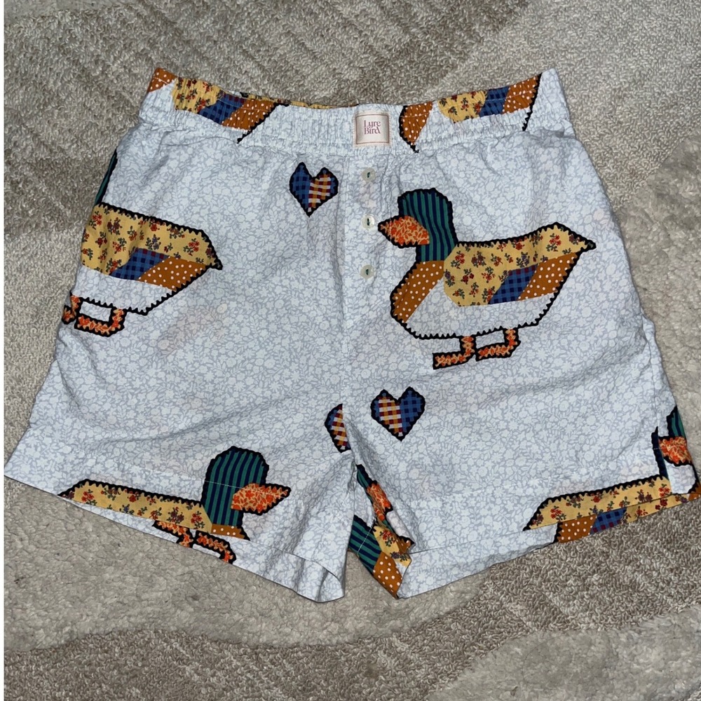 Lyre Bird Patchwork Duck Heart Pajama Shorts Blue Floral Sleepwear XS